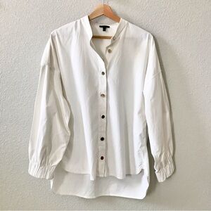 Escada White Poplin Long Sleeve Blouse Size 40 Medium Logo Buttons Gathered Cuff